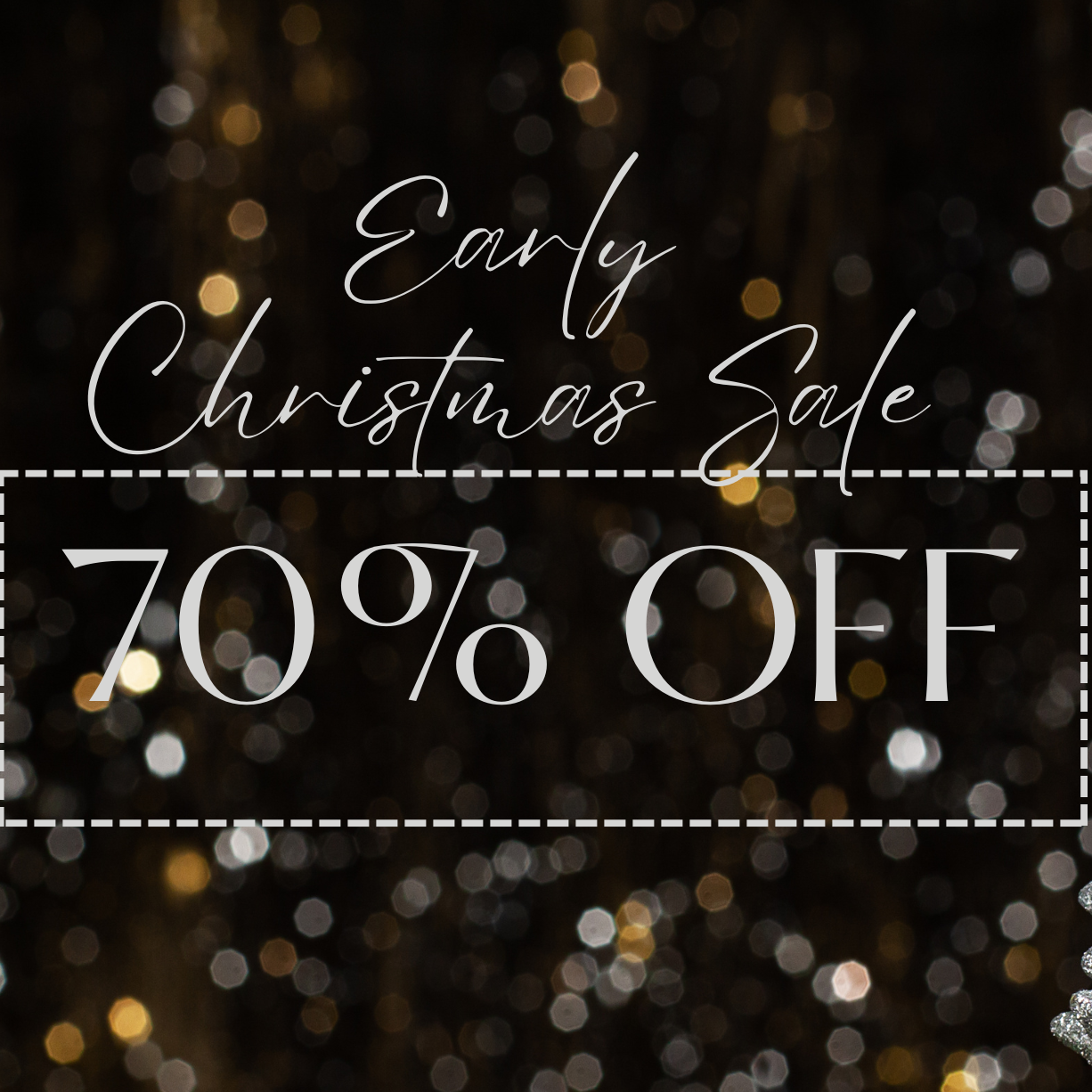 Decorative Christmas tree with lights and 'Early Christmas Sale 70% OFF' text on a dark, blurred background.